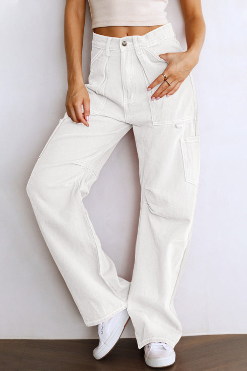 High Waist Straight Leg Cargo Pants with Pockets
